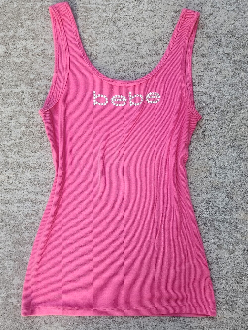 bebe Rhinestone Bling Logo Pink Ribbed Scoop Tank Top, Womens L Y2K